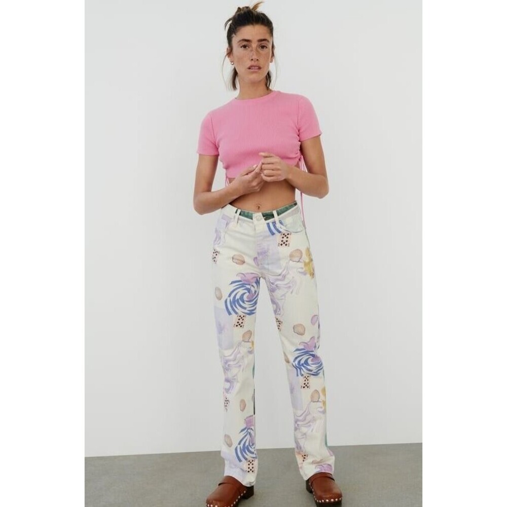 NWT Zara High-Rise Straight Fit All Over Printed Jeans Pants Womens Size 8
